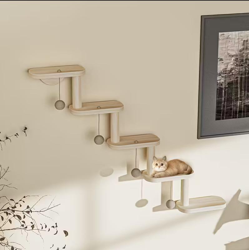 Wooden Cat Wall Shelves | Cat Climbing Tree with Balls | Indoor Cat Playground