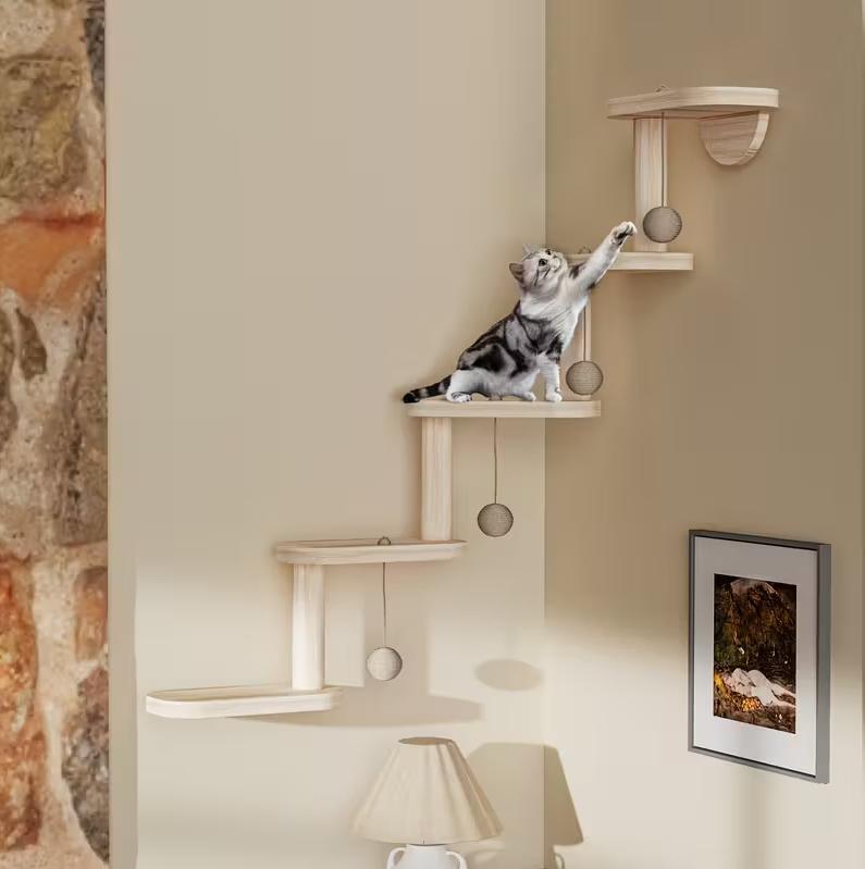 Wooden Cat Wall Shelves | Cat Climbing Tree with Balls | Indoor Cat Playground