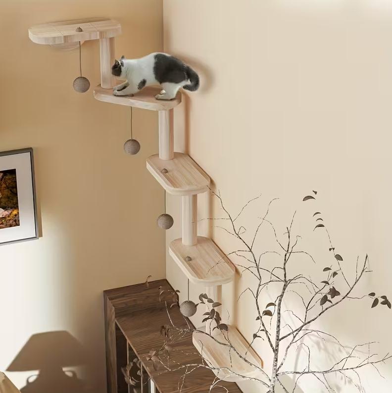 Wooden Cat Wall Shelves | Cat Climbing Tree with Balls | Indoor Cat Playground