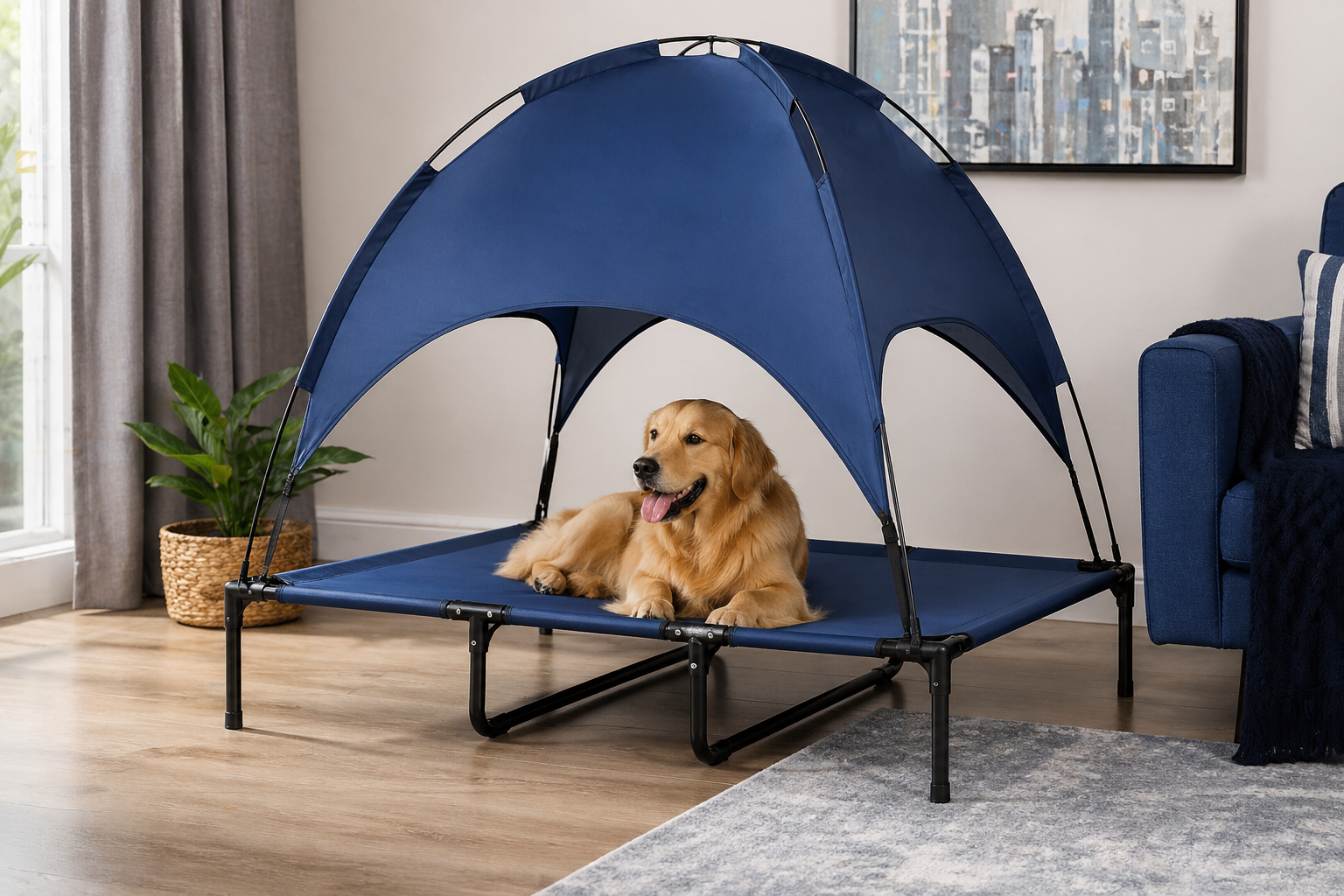 Elevated Cooling Dog Bed with Canopy Shade – Breathable Outdoor Pet Cot for Large Dogs