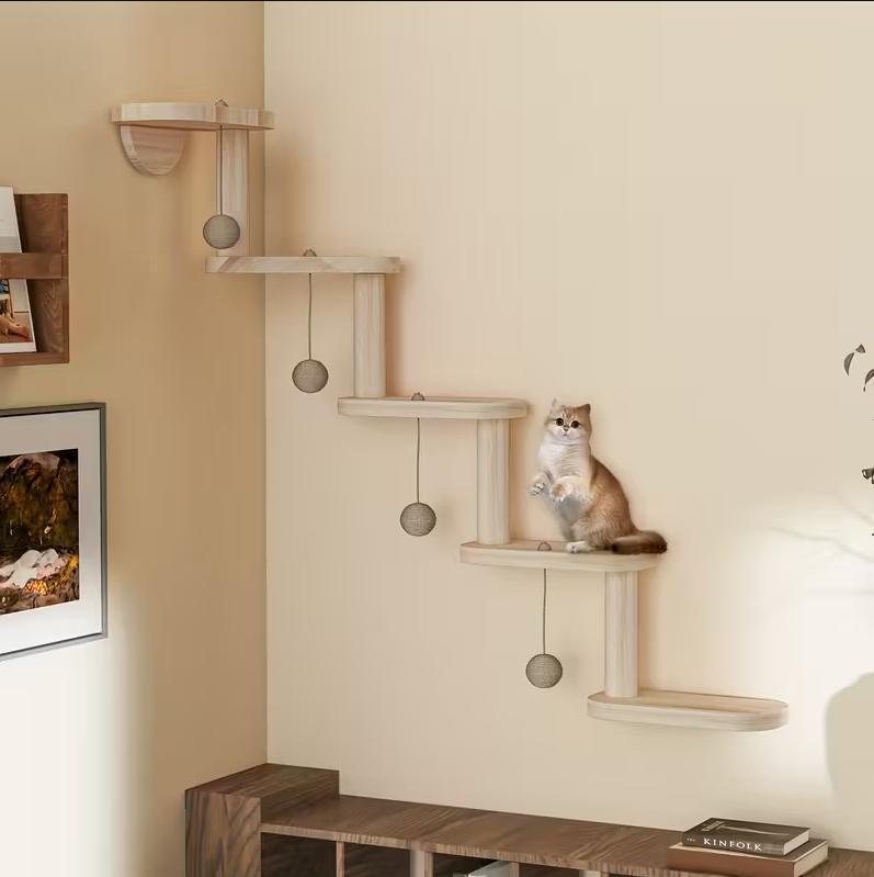 Wooden Cat Wall Shelves | Cat Climbing Tree with Balls | Indoor Cat Playground